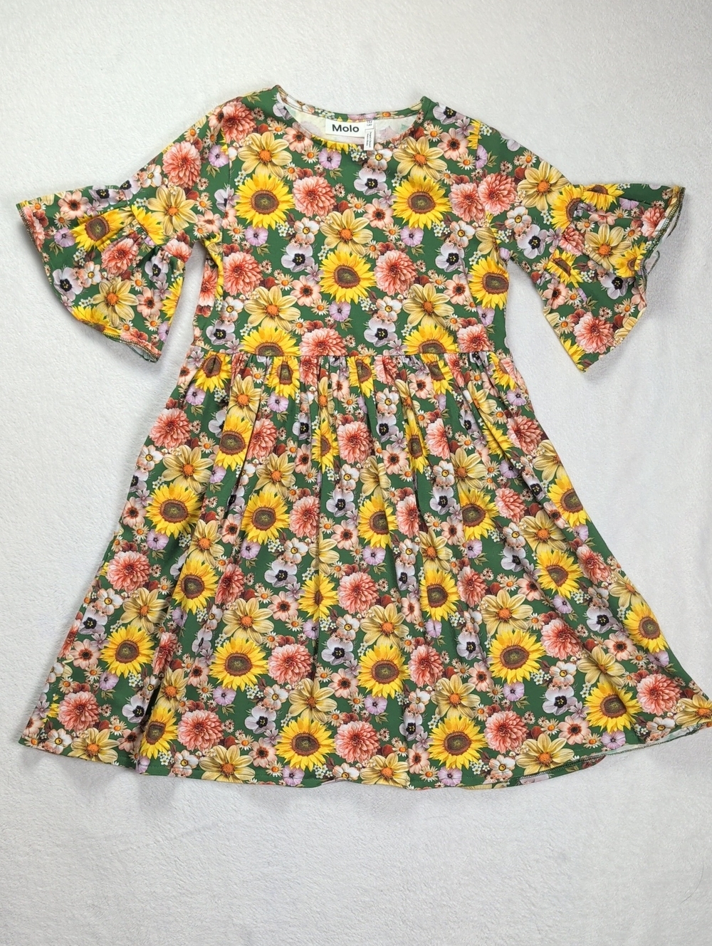 Molo Green Floral Sunflower Bell Sleeve GOTS Cotton Dress- Chasity 9/10 Years